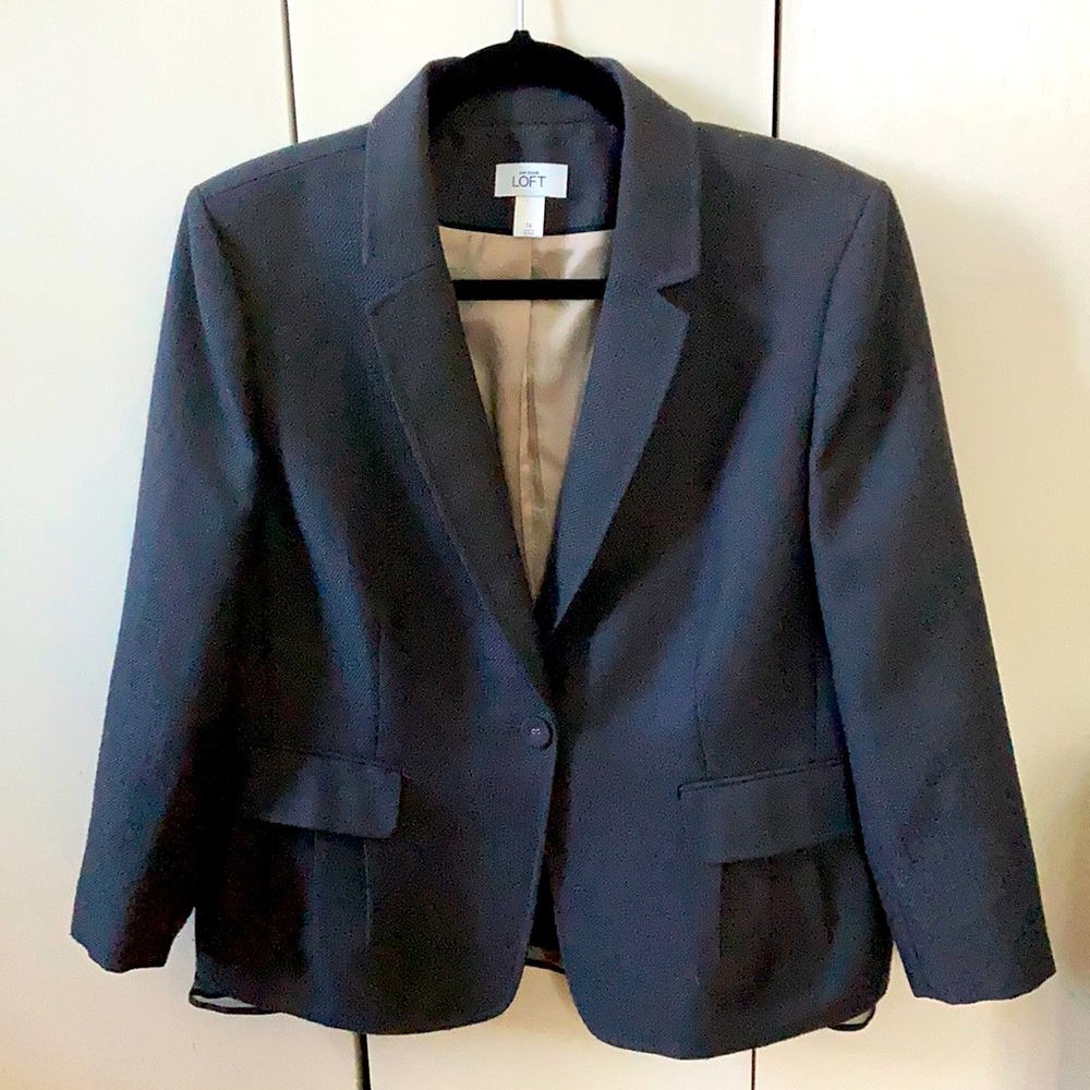Ann Taylor LOFT women’s blazer grey gray size 14 one button sheer tule edging